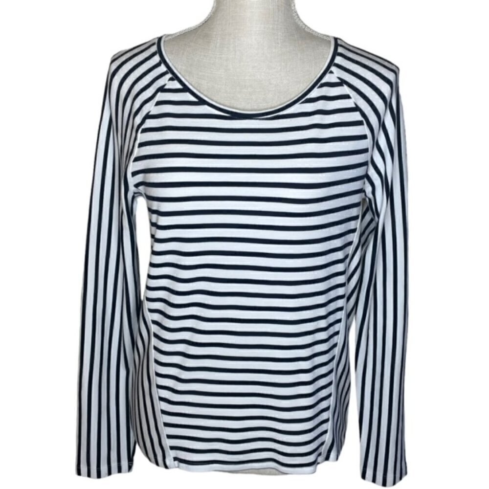 CHICO'S Navy White Mixed Stripe Ponte Top - Size Small